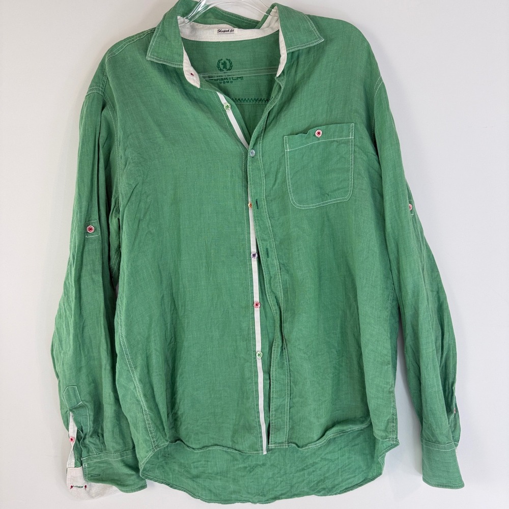 Bugatchi Uomo Linen Button Up Mens XL Green Shaped Fit Roll Tab RS5500L74S